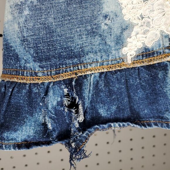 Trashed Glammed Up Grunge Lace Sequins Sugar Skull Denim Skirt, Sz 5 Custom UP - Picture 4 of 9
